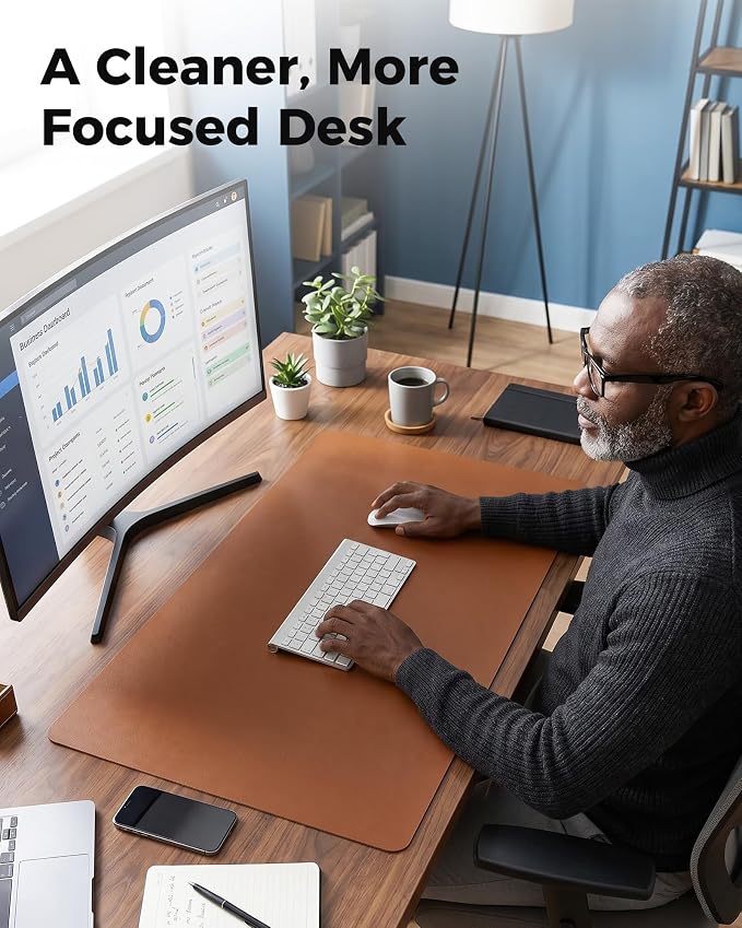 Aothia Double-Sided Desk Pad, Leather Desk Mat, Eco Cork Desk Pad Protector, Large Mouse Pad, Waterproof Desk Blotter Protector for Office/Home (25.6"x13.7", Brown)