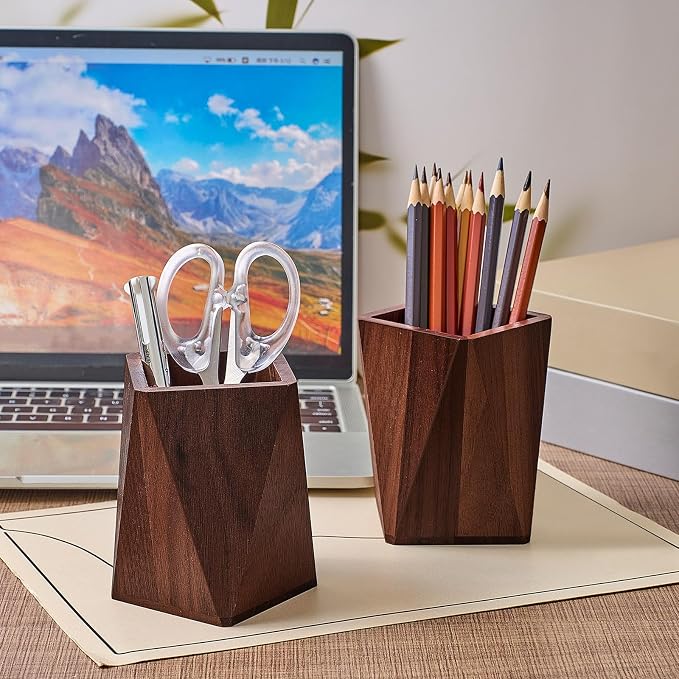 2 Pcs Wood Pen Pencil Holder Geometric Pencil Cup Stand Makeup Organizer for Pen Holder Desk Home Office Adults(Black Walnut)