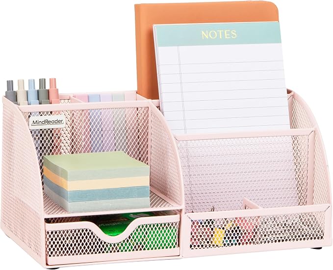 Mind Reader 7-Compartment Desktop Organizer, Metal Mesh Desk Organizer for Pens, Sticky Notes, Mail and Office Supplies, Pink