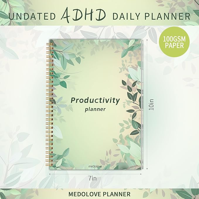 ADHD Daily Planner with Hardcover for Men & Women ,Productivity Planner & Undated Task Management Organizer Daily Schedule,Self-Care,To-Do List for Neurodivergent Adults, Focused Planners Cardboard Cover for Adult & Teens - Green Leaves
