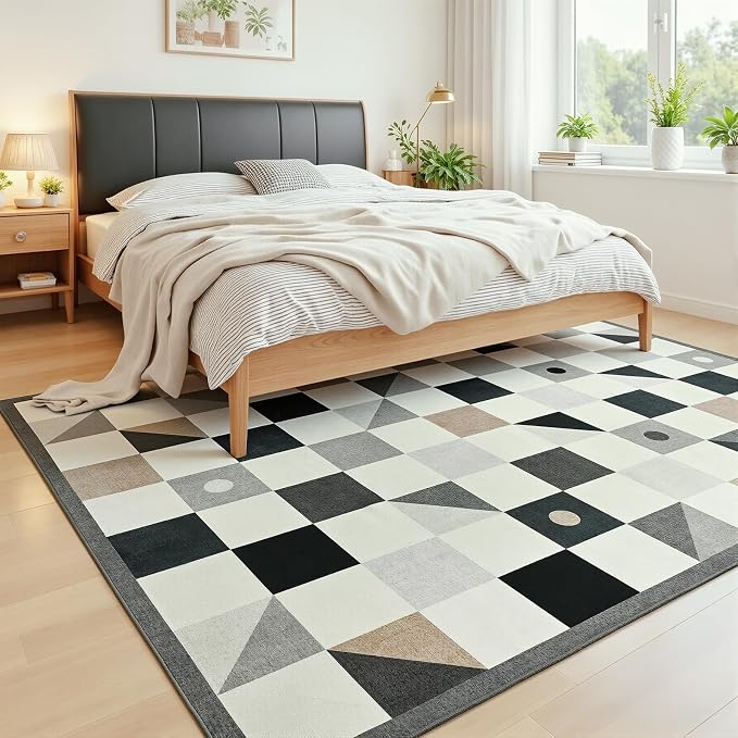 Terrug Grey and Beige Geometric Checkered Rug for Living Room, 5x7 Area Rugs Washable with Non Slip for Bedroom, Soft Low Pile Stain Resistance Carpet for Dinning Room