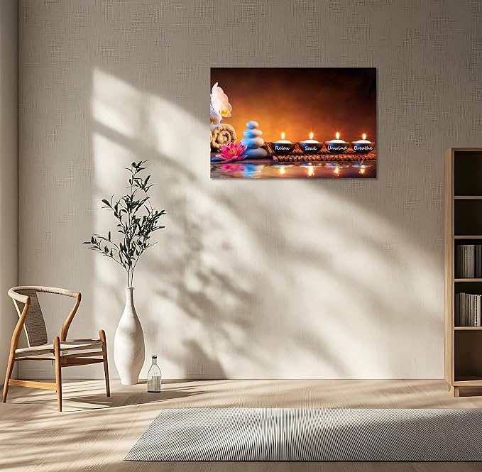Zen Wall Art Lotus Flower Decor Breathe Canvas Picture Candles Relaxing Peaceful Poster Prints for Zen Spa Room Living Room Bedroom(16.00" x 24.00")