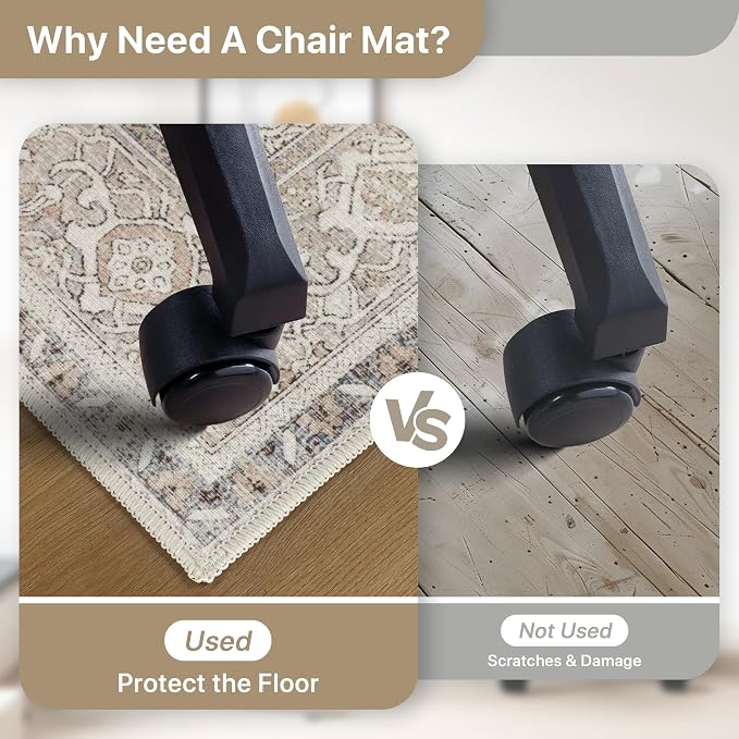 48"x72" Office Chair Mat for Hardwood Tile Floor, Under Desk Carpet Protector for Rolling Computer Chair Mat, Machine Washable Area Rug, Anti-Slip 1/5" Thick Low Pile Thin Floor Mat, Khaki Blue