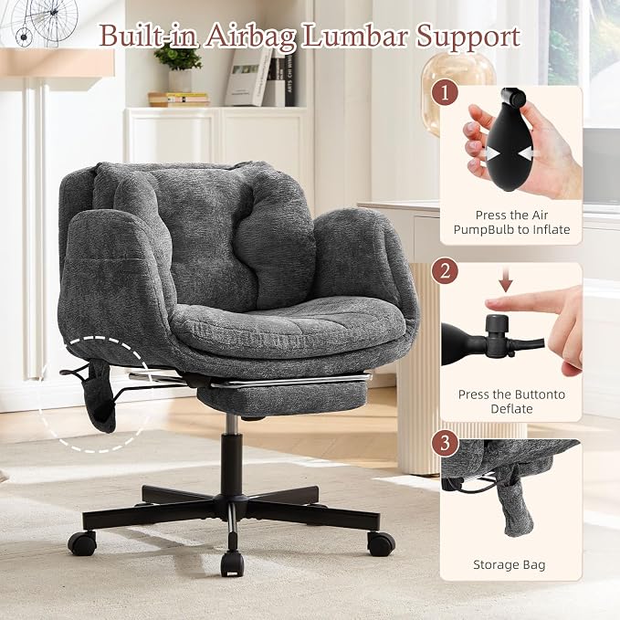 Criss Cross Office Chair with Footrest and 5-Gear Adjustable Arms, Grey | Wide seat cross-legged desk chair, flip lumbar pillow, airbag support, chenille fabric, for home office vanity and meditation