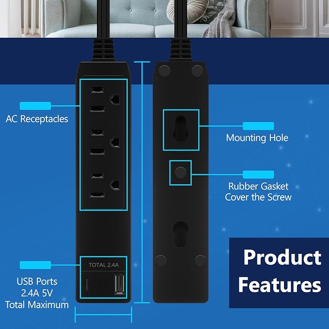 LIDER Outlet Extender with 3 Receptacles, 12W USB-A & USB-C, Ultra-Thin Wall Plate Plug with Cord Extender, 3-Outlet Power Strip, Flat-Face, 3ft Cord, 1625W, ETL Listed, Matte Black, 2-Pack