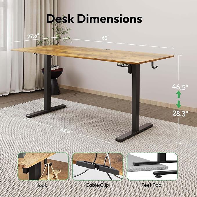 Large Electric Standing Desk,63x28 Inches Adjustable Height Stand up Desk, Sit Stand Home Office Desk, 3 Preset Heights,Equipped with Hooks,Ergonomic Computer Desk Workstation，Brown