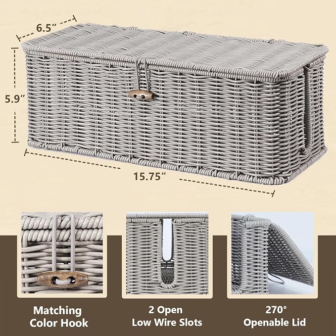 BROWNLILY Cable Management Box, Rattan Style Cord Organizer for Desk Cord Hider Outlet Covers for Power Strip TV PC Router Charger Under Desk Storage with Lockable Lid and Cable Ties