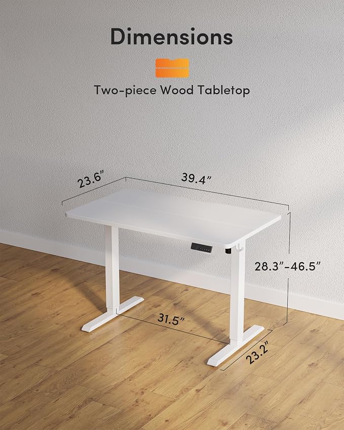 DESINO Standing Desk, 40 × 24 Inches Electric Height Adjustable, Sit and Stand Up, Computer Office Desk with Splice Board, White Frame/White TOP