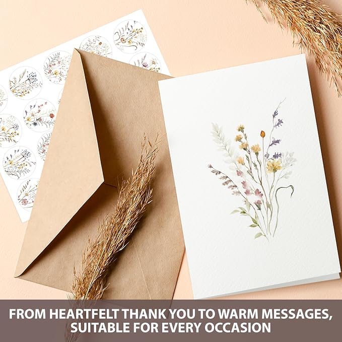 AUDREE 50 Pack Blank Cards with Envelopes 4"x6" - Watercolor Wildflower Greeting Cards with Matching Stickers - Blank Note Cards for All Occasions