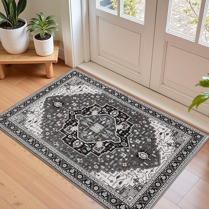 Macgace 2x3 Black Grey Small Area Rug for Entryway, Soft Washable Rugs with Non-Slip Backing for Bedroom Kitchen, Vintage Throw Carpet Laundry Entry Front Door Decor