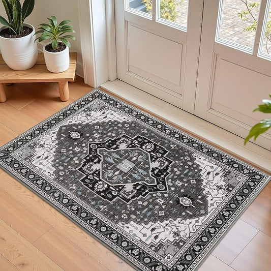 Macgace 2x3 Black Grey Small Area Rug for Entryway, Soft Washable Rugs with Non-Slip Backing for Bedroom Kitchen, Vintage Throw Carpet Laundry Entry Front Door Decor