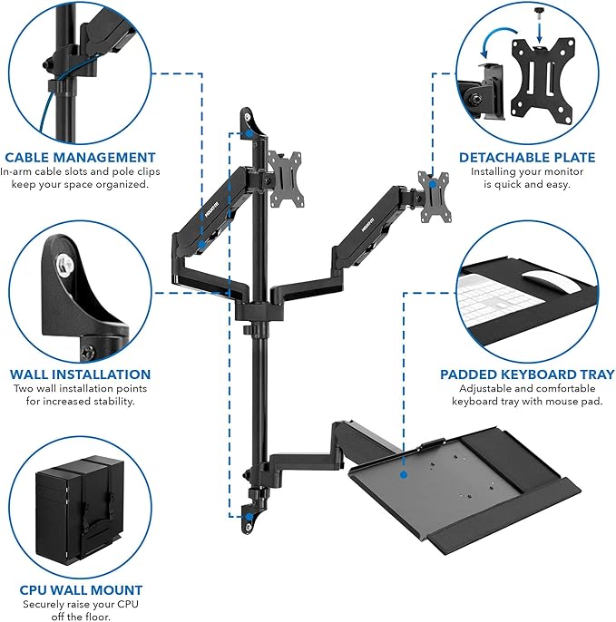 Mount-It! Dual Monitor Arm Wall Mount Workstation with Keyboard Tray & CPU Holder, Height Adjustable Gas Spring Full Motion Computer Station, Fits 17–32” VESA 75x75 100x100, Black