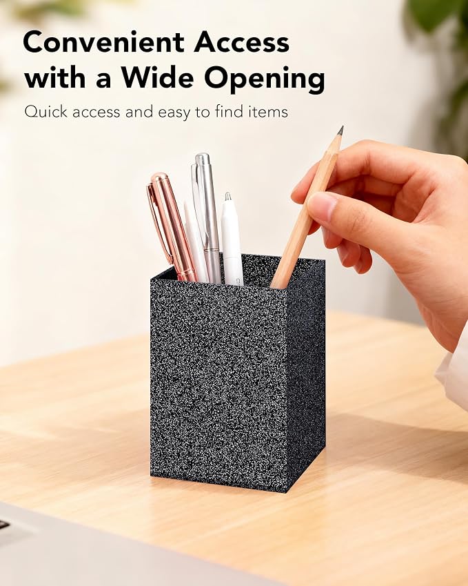 Acrylic Pen Holder Desk Organizer for Office, Black Glitter | Sparkling glitter acrylic makeup brush and pencil holder for desk, Modern desktop organizer for home, school and office