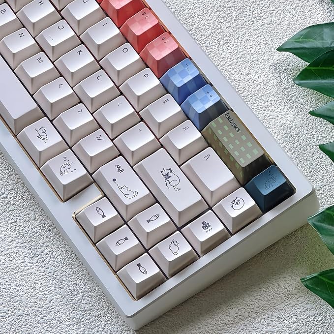PBT Cat Keycaps, White Minimalist Keycap, 163 Keys Cherry Profile Keyboard Keycaps Set, Cute Cat Dye-Sublimation Custom Key Caps for Cherry MX Switches Mechanical Gaming Keyboard
