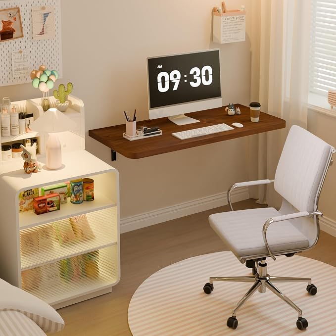 Dogsky Floating Wall Desk, 36" x 14" Wall Mounted Folding Table, Pine Wood Fold Down Wall Table, 200 lb Capacity Wall Mount Desk for Small Apartment, Laundry Room,Kitchen,Bar & Computer Use, Walnut