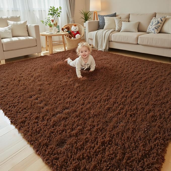 Area Rugs 9x12 Living Room, Large Area Rug Shaggy Carpet Soft Plush Furry Bedside Rug, Machine Washable Area Rugs for Bedroom Home Decor Non-Slip(9 x 12, Coffee)