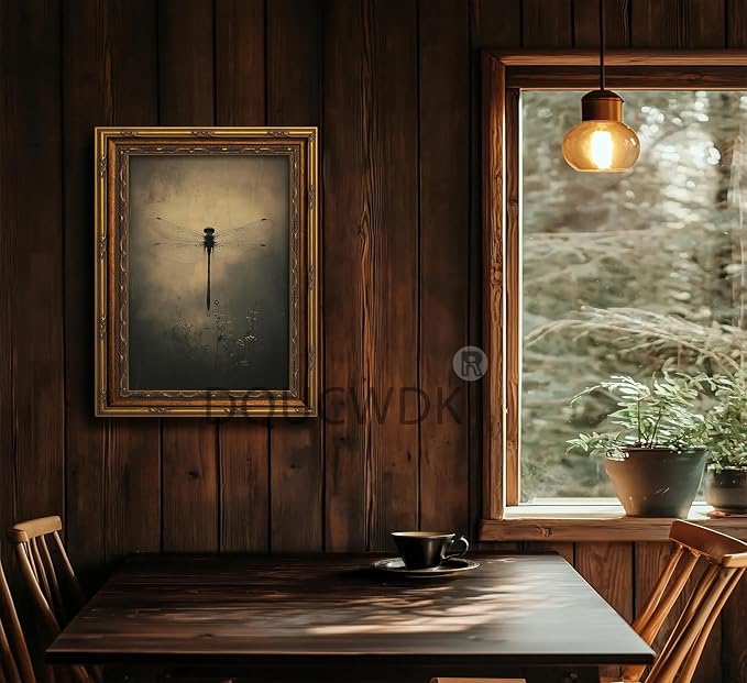 Vintage Gold Framed Wall Art Retro Dark Dragonfly Painting Canvas Prints Gothic Insect Picture Wall Decor Rustic Farmhouse Animal Poster Artwork for Living Room Bedroom Bathroom, 16x24in