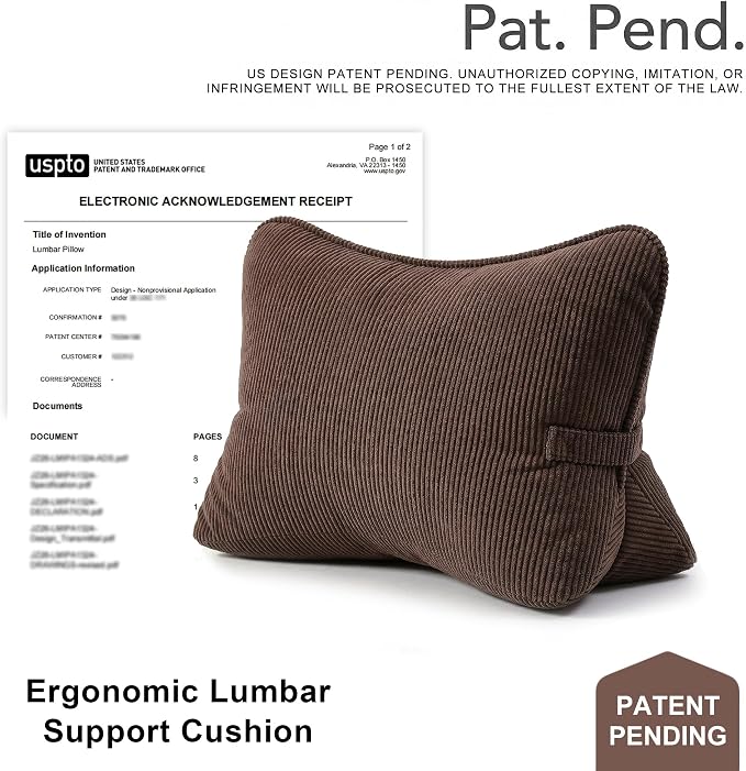 Pat. Pend. Corduroy Lumbar Support Pillow for Recliner, Sitting & Relaxing, Triangle Cushion for Sofa, Couch or Bed, Reading Pillow with Removable Washable Cover, Chocolate
