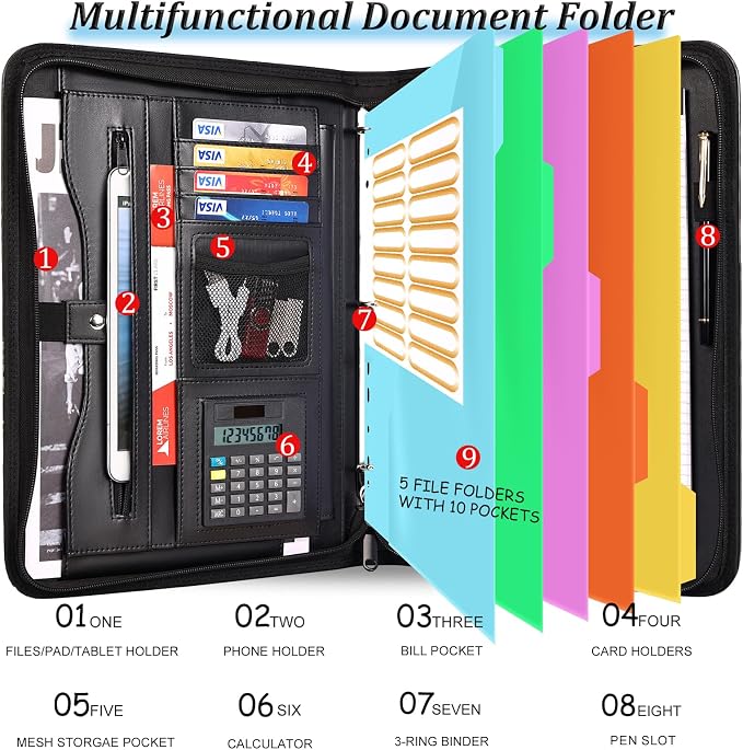 Eshow padfolio Portfolio Binder - 3 Ring Binder with Zipper, Vegan Leather | Includes 5 Colorful Sheet Protectors for Documents & Diles, 1 Pen, and 1 A4 Notepad, Designed for Women and Men