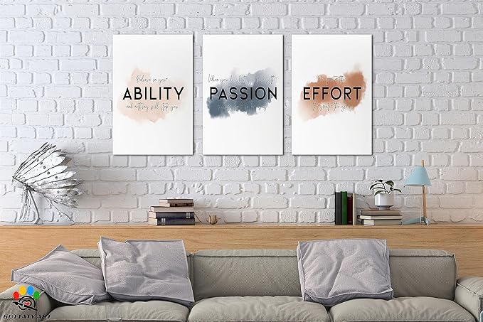 3 Piece Inspirational Wall Art - ABILITY PASSION EFFORT Motivational Quotes Canvas Print for Men Room Decor, Office Wall Art Pictures, Inspirational Poster Framed Artwork for School Decor 12”x18”x3Pcs