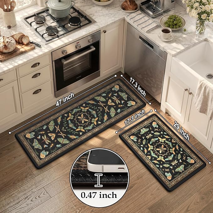KIMODE Kitchen Mats for Floor 2 Piece Cushioned Anti Fatigue Kitchen Rugs | 17 x29+17"x47", Black,Vintage Butterfly,Non Slip Waterproof,Memory Foam,Standing Mats,for Laundry Sink Office Home Decor