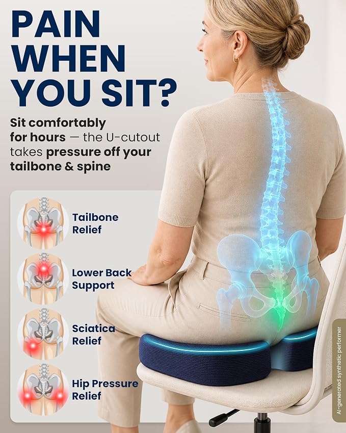 5 STARS UNITED Seat Cushion - Memory Foam Chair Cushion for Tailbone Pain Relief - Ergonomic Support for Coccyx, Sciatica & Butt - Office, Desk & Gaming Chair, Car Seat, Wheelchair, Airplane, Blue