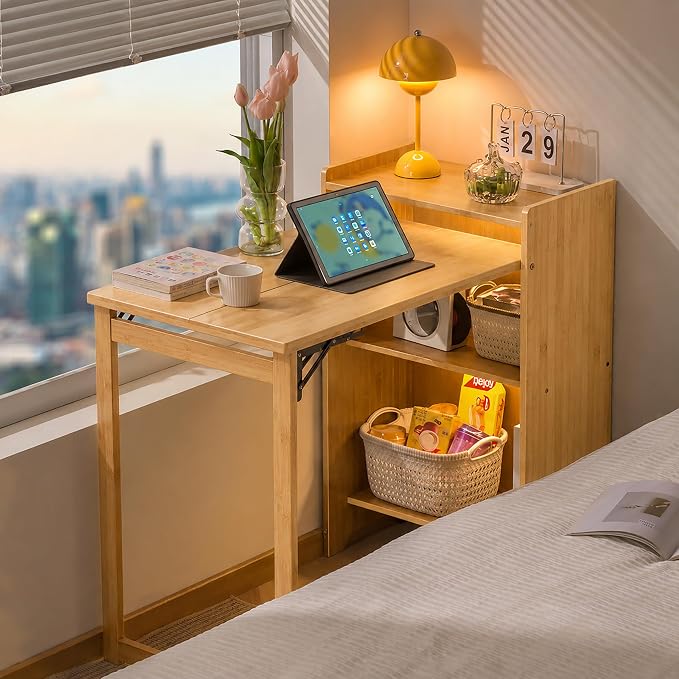 HDDFER Bamboo Folding Desk for Small Spaces,Hidden Desk with Storage Shelf, Foldable Computer Desk for Bedroom Home Office, Mid Century Modern Fold Out Table Writing Table, Natural