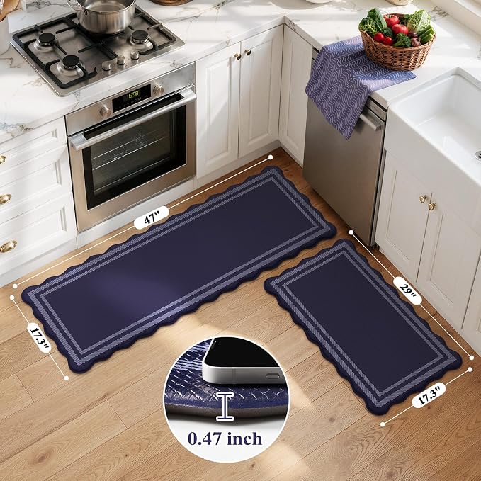 KIMODE Anti Fatigue Mats for Kitchen Floor,Farmhouse Kitchen Rugs Sets of 2 | Cushioned Kitchen Floor Mat, 17"x47"+17"x29" Comfort Laundry Room Rug, Navy Blue Runner Rugs for Home Decor Office Bath Sink