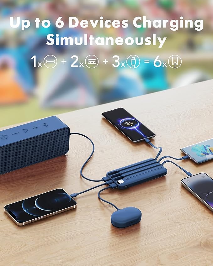 charmast 20000mAh Portable Charger with Built in Cables, 22.5W Travel Power Bank Fast Charging, USB C Cell Phone Battery Pack for iPhone 17/16/15/14/13/12 Series, iPad, Samsung, Android, Tablet