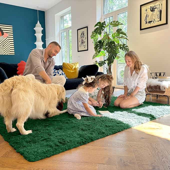 OLANLY 3x5 Machine Washable Small Bedside Rug, Soft Fluffy Shaggy Rugs for Living Room, Bedroom, Indoor Floor Carpet for Kids Girls and Boys, Preppy Dorms, Nursery, Home Decor Aesthetic, Dark Green