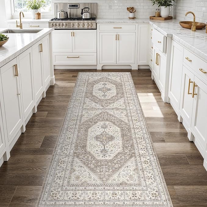 3x8 Washable Hallway Runner Rug:Oriental Indoor Kitchen Rugs Vintage Door Mat Non Slip with Rubber Backing Low Pile Thin Carpet for Bedroom Bathroom Living Room Bedside (3x8 Brown/Beige)