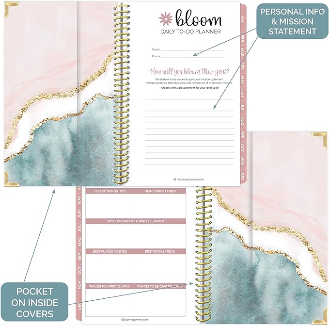 bloom daily planners New Undated Bound To Do List Notebook - Hardcover Spiral Page A Day Daily Planner with Task & Appointment Tracking - 8.25" x 6.5" - Daydream Believer