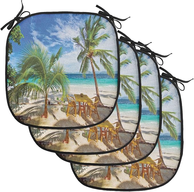 Lunarable Coastal Chair Cushion Pads Set of 4, Dining in Beach Under The Sun Rays Palm Trees Shadows Shades Vacation Image, Anti-Slip Seat Padding for Kitchen & Patio, 16"x16", Green Blue Ivory