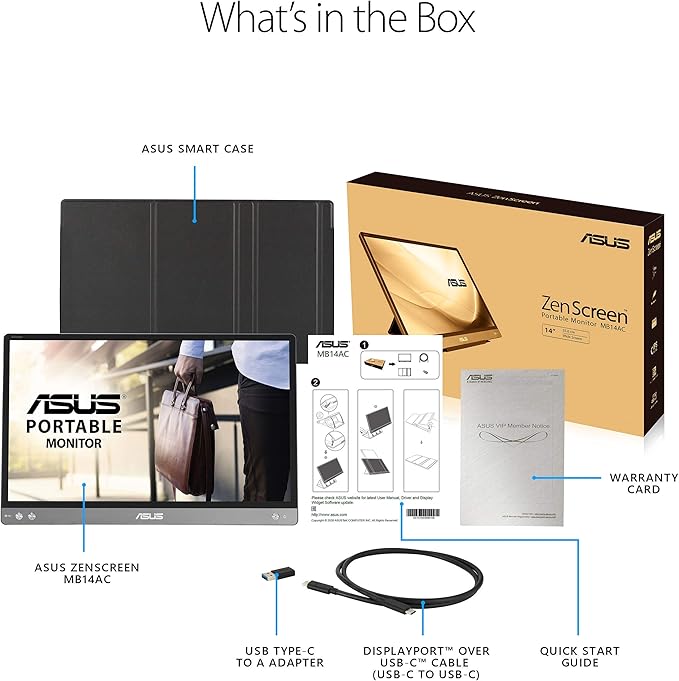 ASUS ZenScreen MB14AC 14” Portable USB Type-C Monitor, 1080P Full HD, IPS, Eye Care, Anti-Glare Surface, External Screen for Laptop, Hybrid Signal Solution