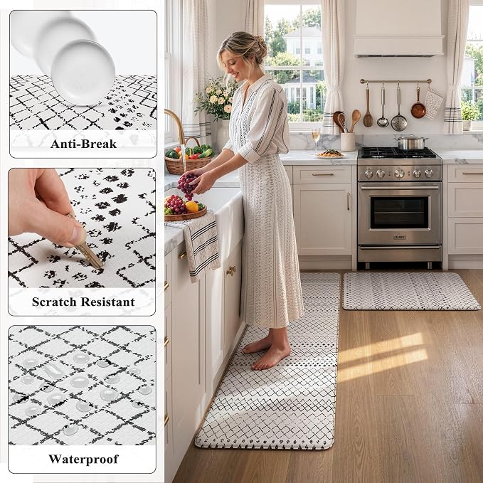 KIMODE Anti Fatigue Kitchen Mat for Floor, 20"x59"+20"x32" Kitchen Rugs Set of 2, Non Slip Kitchen Floor Mats Cushioned, Comfort Mats for Kitchen Floor Sink Laundry Office Desk Black and White