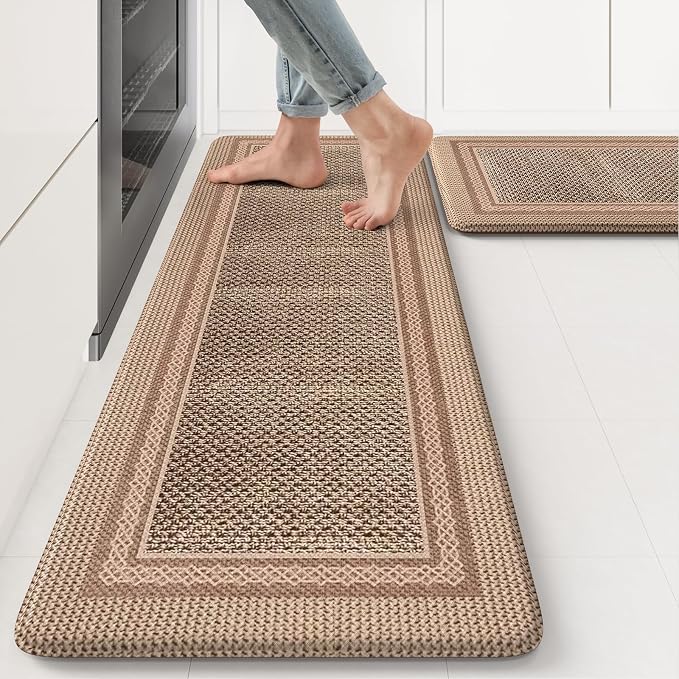 KIMODE Anti Fatigue Kitchen Mats for Floor,Farmhouse Kitchen Rugs Sets of 2 | Cushioned Kitchen Floor Mats,Comfort Standing Mat for Kitchen Decor Laundry Office Desk Apart Grayish Brown 17"x47"+17"x29"