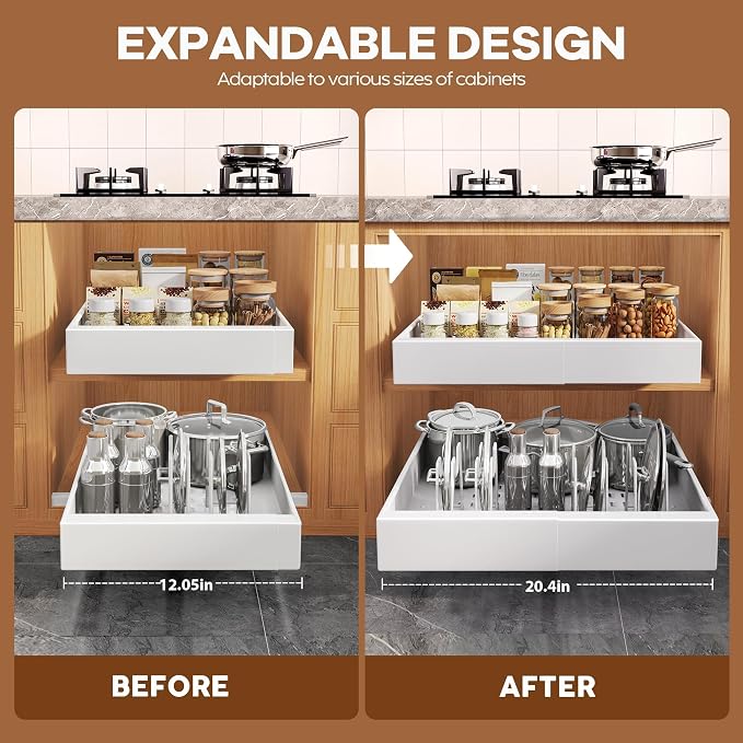 Seinloes 6Pack Expandable Pull Out Cabinet Organizer 21"Deep With Raising Pad for Framed Cabinets,Slide Out Drawers with 4pcs Divider Racks,Roll Out Shelves Adhesive,Adjustable Width 12.05"-20.4"White