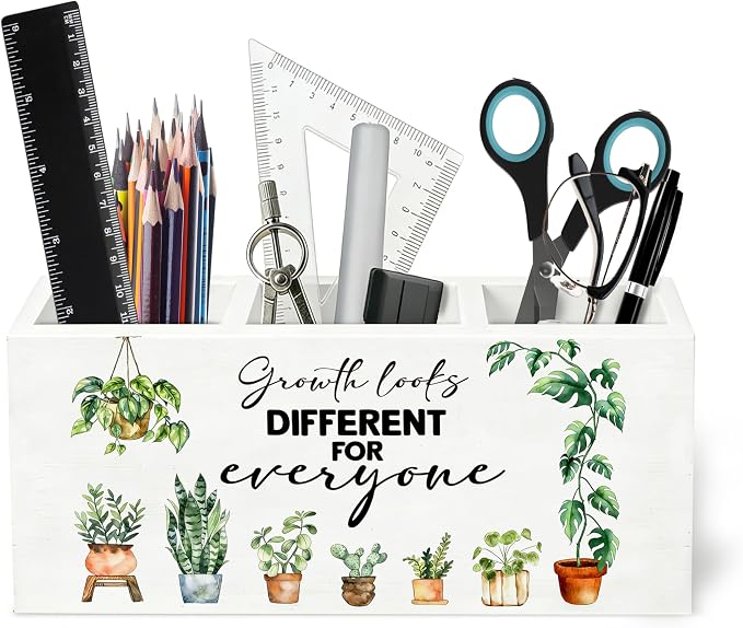 Botanical Mental Health Wooden Pen Holder for Desk, Growth Looks Different for Everyone Motivational Pencil Organizer Wooden Box Sign for Therapy Counseling Office Classroom Decoration