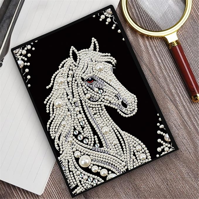 FRANDEK Pearl Painting Notebook Kit, Black and White Horse A5 DIY Journal with 50 Blank Pages, Diamond Gem Art Cover with Waterproof Canvas, Beginner Craft Set with Full Tools for Adults
