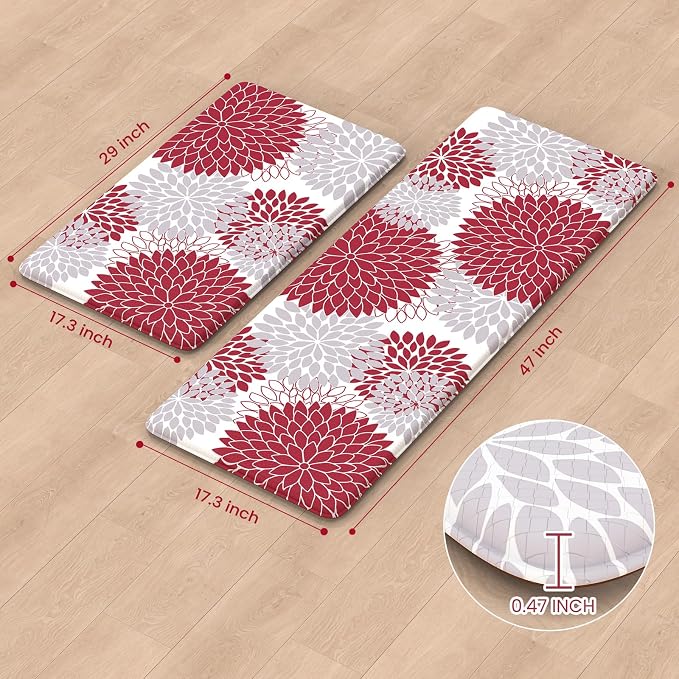 KIMODE Anti Fatigue Kitchen Mats for Floor 2PCS Cushioned Standing Mats | 17"x47"+17"x29",Dahlia Floral,Red, Farmhouse Floor Mats set of 2,Non Slip,Waterproof,Comfort Mat for Sink Office Laundry home