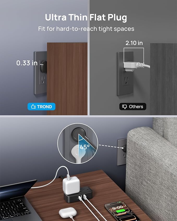 TROND Flat Plug Power Strip 3FT, Small Flat Extension Cord with Multiple Outlets, 4 AC and 4 USB Ports (2 USB C), Wall Mount 900J Surge Protector for Home Office Travel Dorm Room Essentials, Black