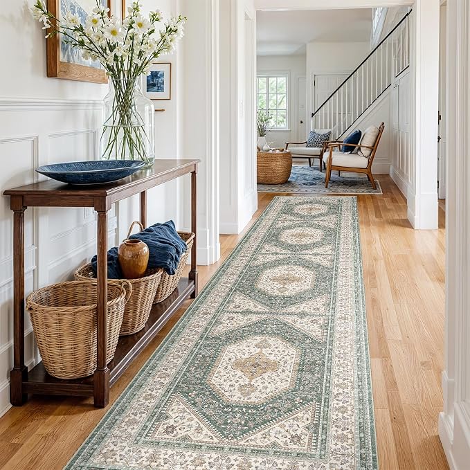 3x14 Runner Rug for Hallway Washable: Non Slip Kitchen Rugs with Rubber Backing Soft Waterproof Mats Stain Resistant Indoor Vintage Carpet Runner for Bedroom Bathroom Laundry Entryway Green/Beige