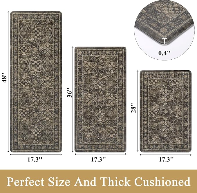 Pauwer Anti Fatigue Kitchen Floor Mats Set of 3, Cushioned Rugs, Taupe | Non Slip Comfort Standing Mat, PVC Foam Padded Kitchen Rugs, Waterproof Sink Rug for Small Kitchen Area, Laundry Room