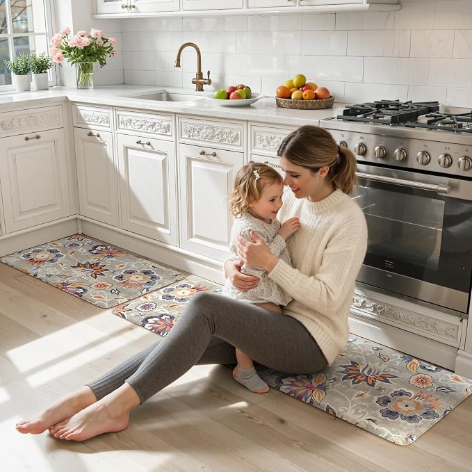 LEEVAN Anti Fatigue Kitchen Mats for Floor, Cushioned Kitchen Mat Set 2PCS | 17.3"x29"+17.3"x59", Boho Floral Blue Gray Kitchen Rugs Non-Slip, Waterproof Ergonomic Standing Mat for Laundry, Office, Sink