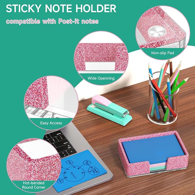 Sticky Note Holder, Glitter Pink Acrylic Notepad Holder 4x6 in Self-Stick Note Dispenser Office Desk Accessories, Memo Pad Holder Organizer for Classroom School Supplies