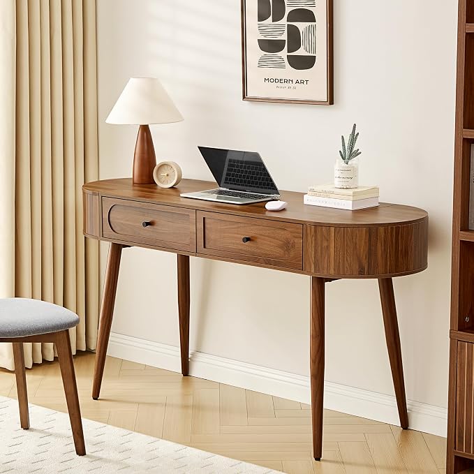 AVZEAR 59" Oval Fluted Home Office Computer Desk Wood Writing Desk, Wlanut | Mid Century Modern Writing Desk with 2 Drawers + 2 Flip Storage, Farmhouse Vanity Table Executive Deskfor Study, Living Room
