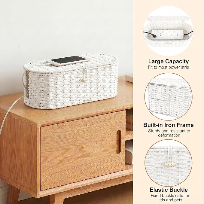Set of 2 Cable Management Box, Handwoven Cord Hider Box with 3 Open Slots | Cable Organizer Box with Lockable Lid, Cord Storage Box to Hide Power Strip, Router, USB Hub, TV Wires for Home, Office