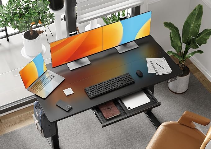 Claiks Electric Standing Desk 55x24 Inch with Drawer Black | Sturdy Steel Frame, 176 Lbs Capacity, 28.35-46.46 Inch Height Adjustable, 3 Preset Buttons, 45 dB Quiet Motor, 2 Hooks