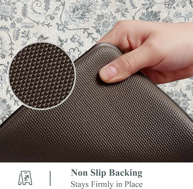 Collive Anti Fatigue Mats for Kitchen Floor, Cushioned Non Skid Kitchens Rug Sets of 2 Waterproof Padded Sink Rugs, Boho Floral Rug Comfort Standing Mat for Home Office, 17.3"x28" + 17.3"x47"