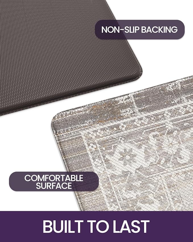 DEXI Kitchen Floor Mats Cushioned Anti Fatigue, 23x59 Long Wide Standing Comfort Runner Rug, Waterproof Retro Floral Memory Foam Padded for Front Sink Laundry, Beige Grey